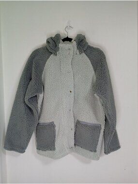 Lacey Chabert Collection Womens Sherpa Jacket Zip Pockets Gray White Size XL